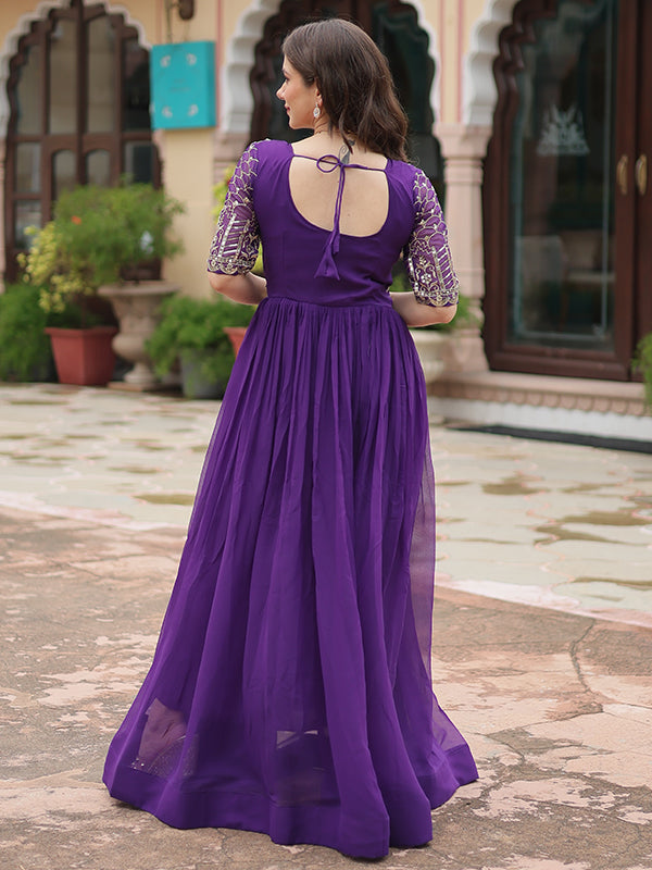 Purple Faux Blooming With Embroidery Zari Sequins Gown