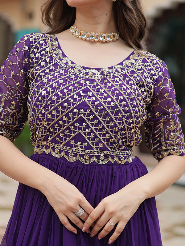 Purple Faux Blooming With Embroidery Zari Sequins Gown