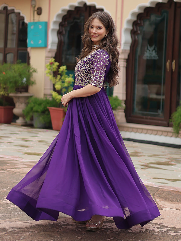 Purple Faux Blooming With Embroidery Zari Sequins Gown