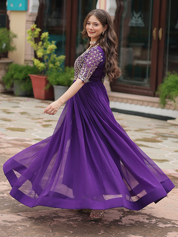 Purple Faux Blooming With Embroidery Zari Sequins Gown