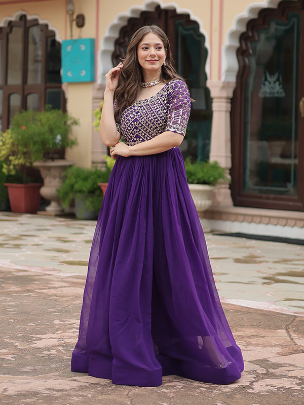 Purple Faux Blooming With Embroidery Zari Sequins Gown