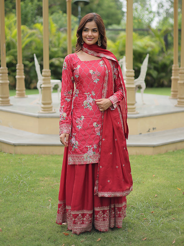 Maroon Chinnon Sequins & Embroidered Kurti With Palazzo Set