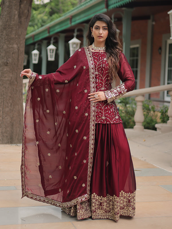 Maroon Rangoli Silk Embroidered Kurta With Sharara & Dupatta