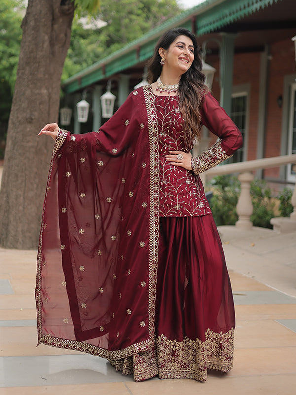 Maroon Rangoli Silk Embroidered Kurta With Sharara & Dupatta