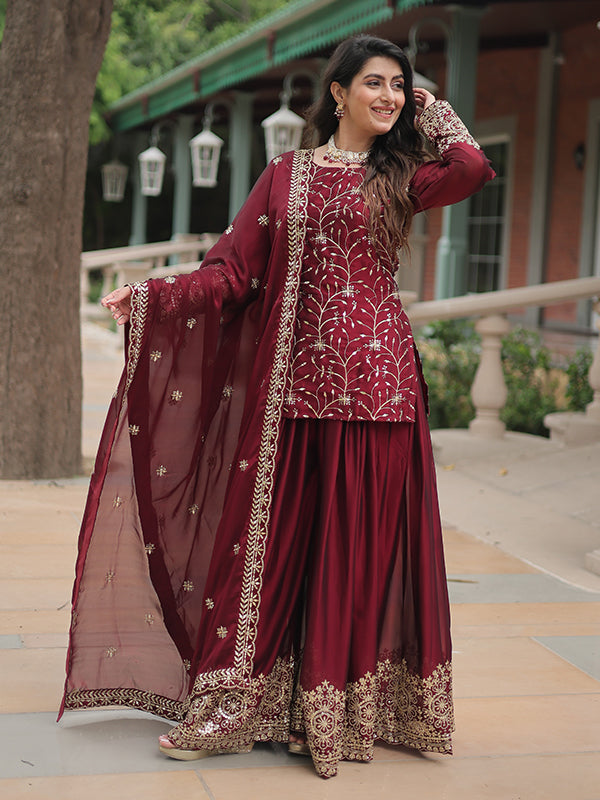 Maroon Rangoli Silk Embroidered Kurta With Sharara & Dupatta