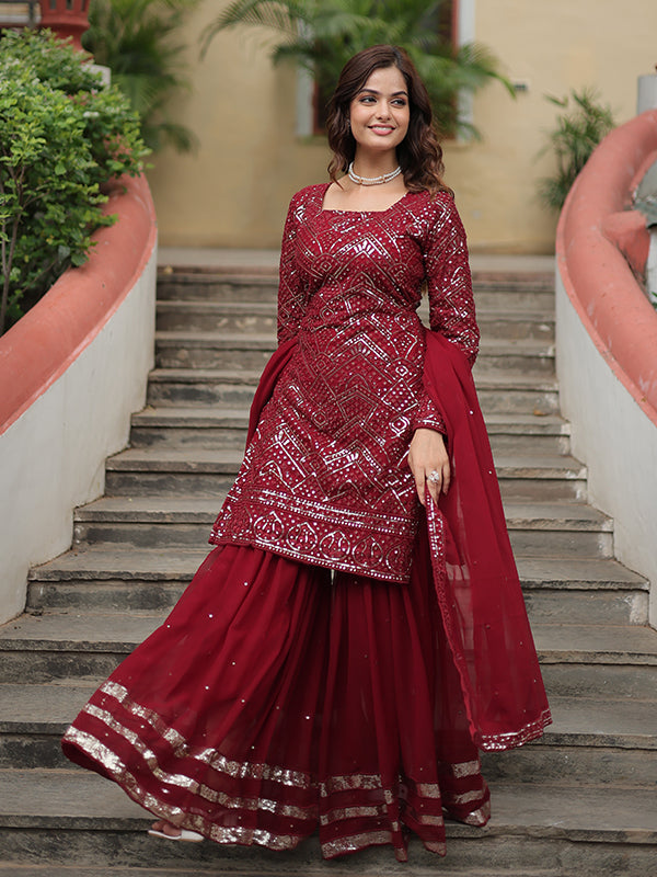 Maroon Faux Georgette Embroidered Kurta With Sharara & Dupatta