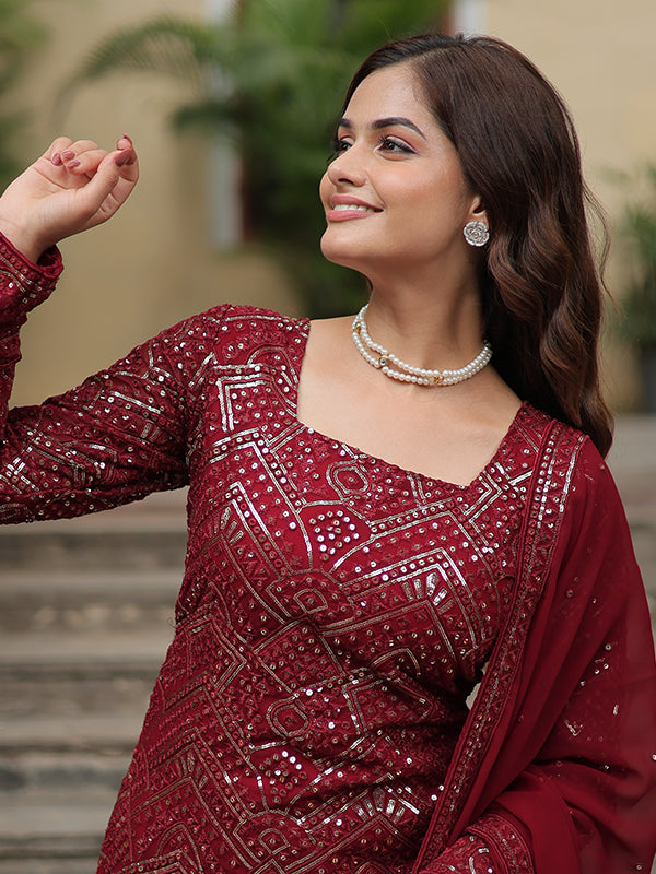 Maroon Faux Georgette Embroidered Kurta With Sharara & Dupatta