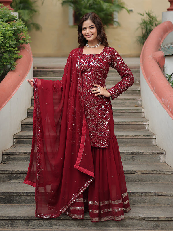 Maroon Faux Georgette Embroidered Kurta With Sharara & Dupatta