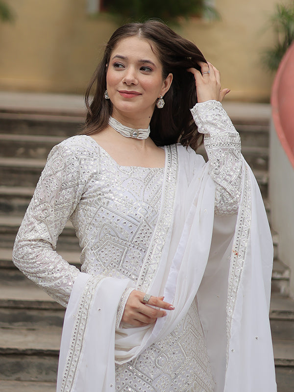 White Faux Georgette Embroidered Kurta With Sharara & Dupatta