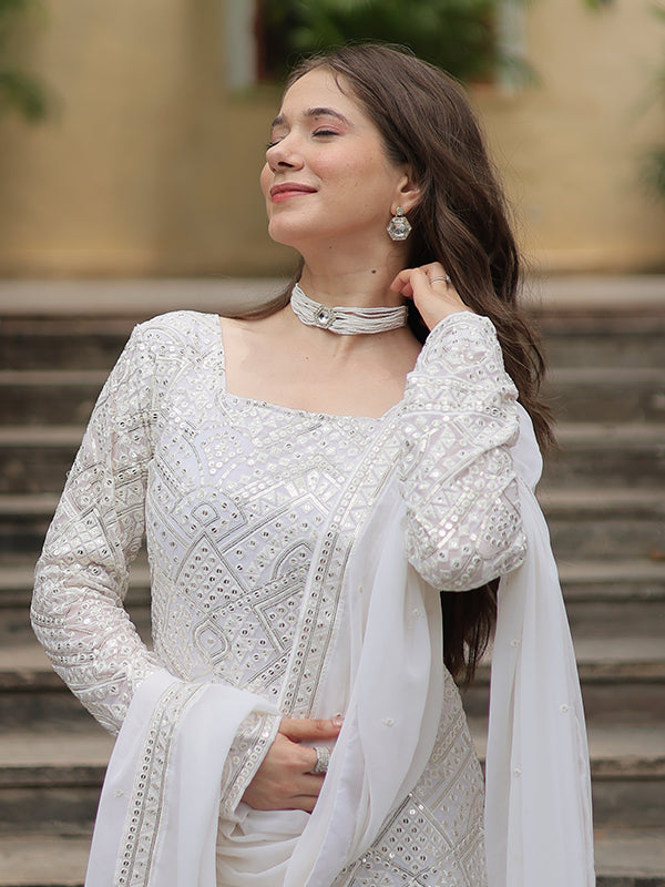 White Faux Georgette Embroidered Kurta With Sharara & Dupatta