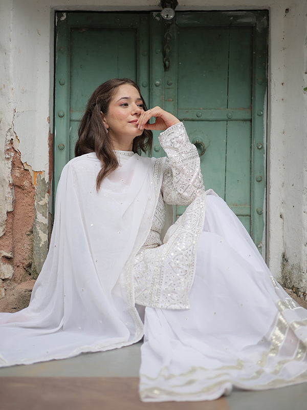 White Faux Georgette Embroidered Kurta With Sharara & Dupatta