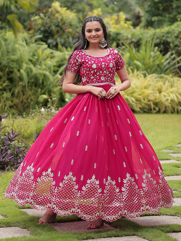 Pink Faux Blooming With Embroidery Zari Sequins Gown