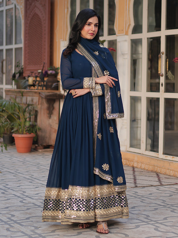 Rama Blue Faux Blooming Sequins Embroidered Gown With Dupatta