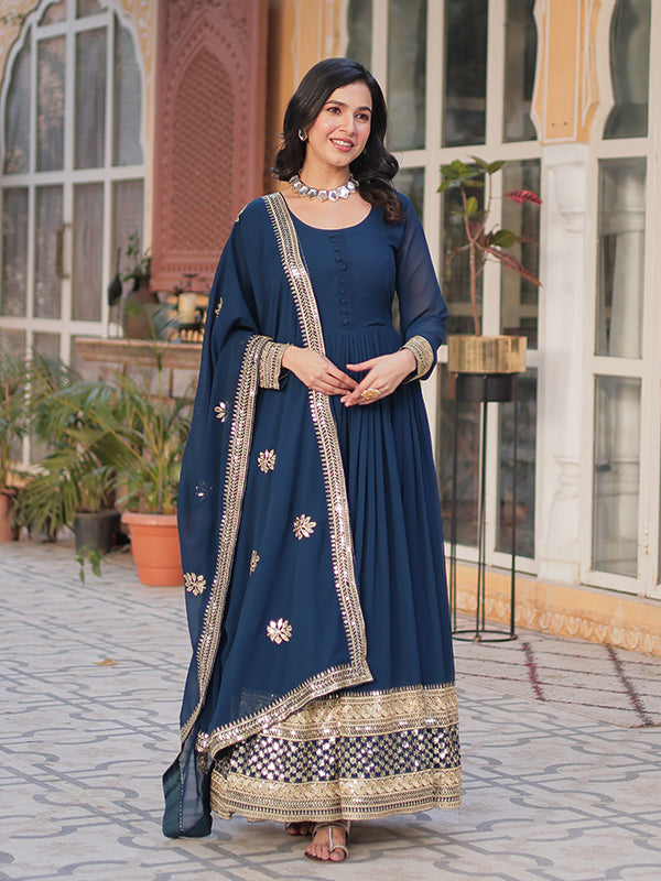 Rama Blue Faux Blooming Sequins Embroidered Gown With Dupatta