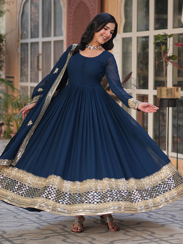 Rama Blue Faux Blooming Sequins Embroidered Gown With Dupatta