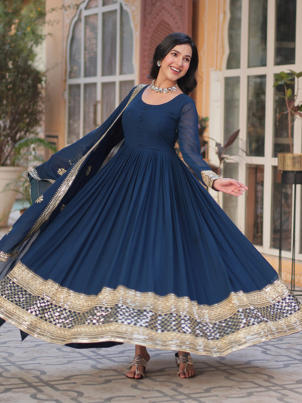 Rama Blue Faux Blooming Sequins Embroidered Gown With Dupatta