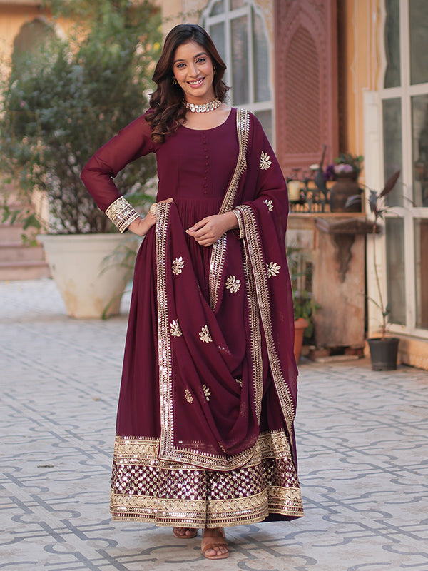 Maroon Wine Faux Blooming Sequins Embroidered Gown With Dupatta