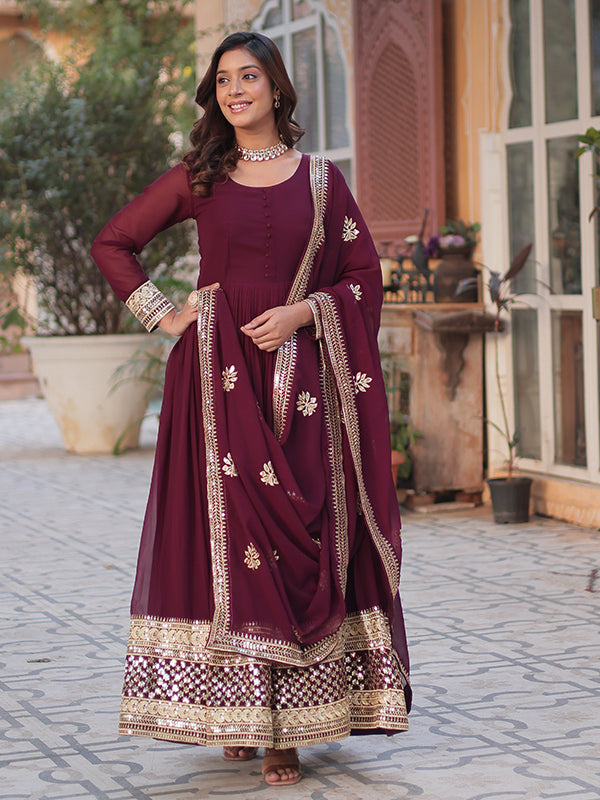 Maroon Wine Faux Blooming Sequins Embroidered Gown With Dupatta