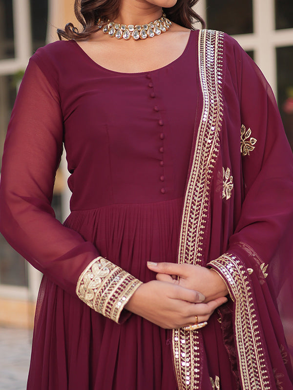 Maroon Wine Faux Blooming Sequins Embroidered Gown With Dupatta