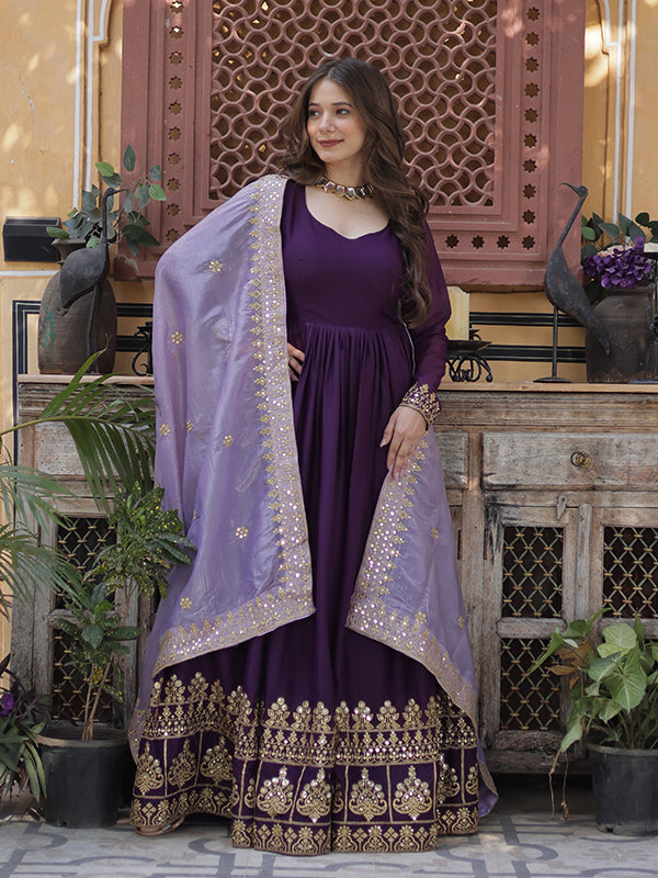 Purple Georgette Embroidery Zari Sequins Work Gown With Dupatta