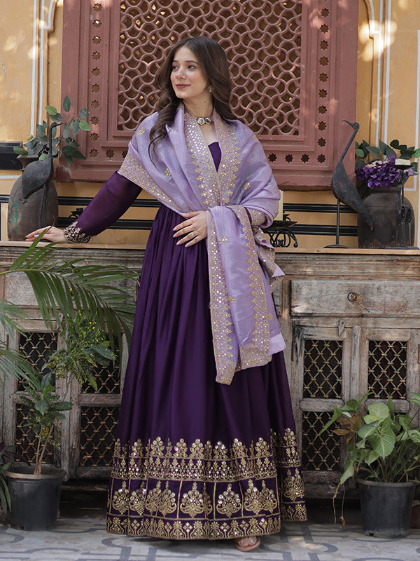 Purple Georgette Embroidery Zari Sequins Work Gown With Dupatta
