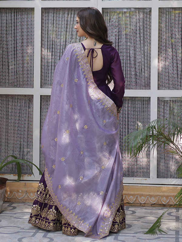Purple Georgette Embroidery Zari Sequins Work Gown With Dupatta