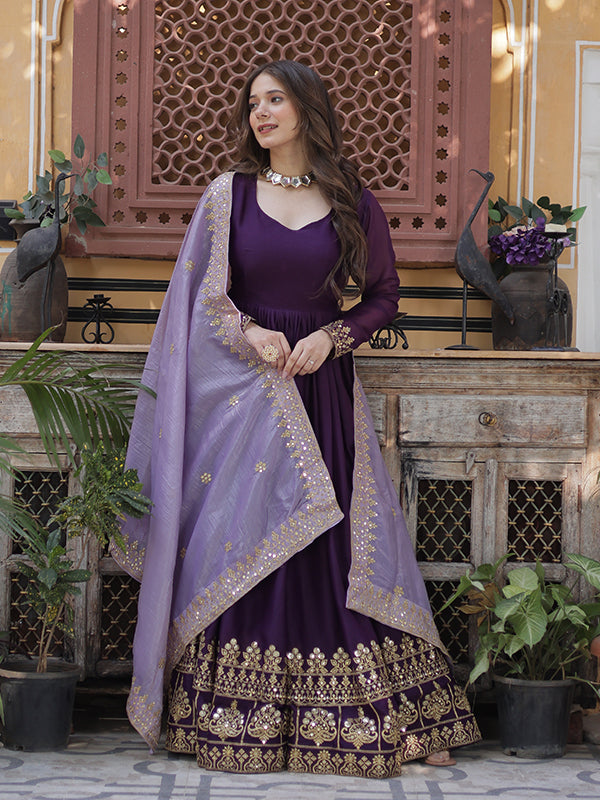 Purple Georgette Embroidery Zari Sequins Work Gown With Dupatta