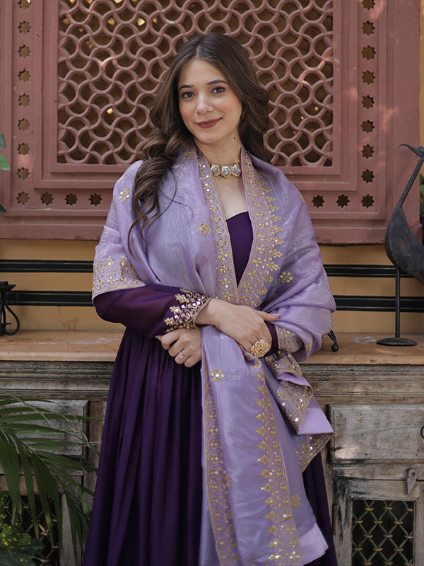 Purple Georgette Embroidery Zari Sequins Work Gown With Dupatta
