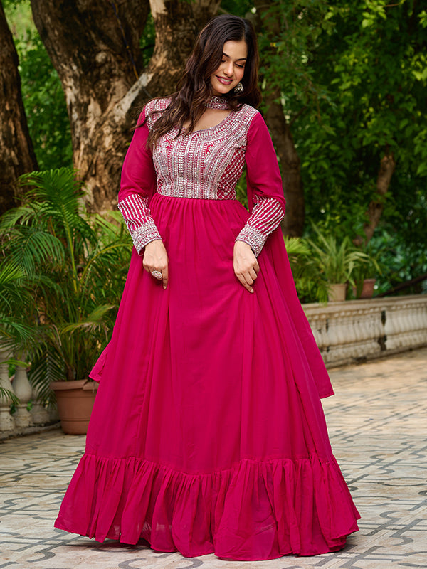 Pink Georgette Beads Sequins Embroidered Gown With Dupatta