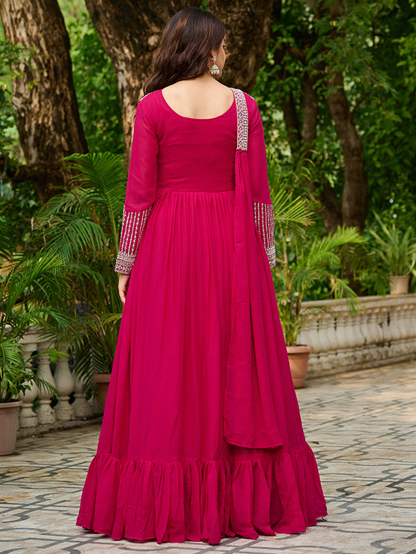 Pink Georgette Beads Sequins Embroidered Gown With Dupatta