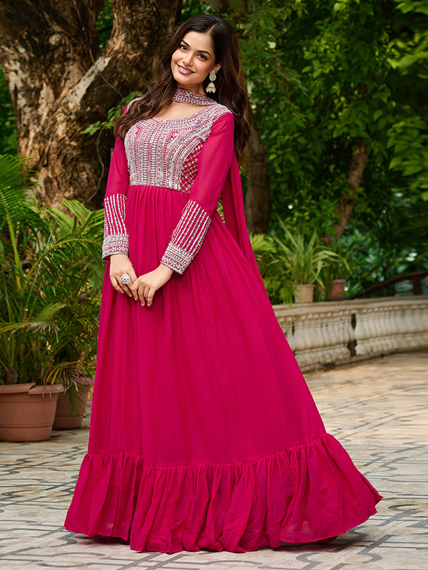 Pink Georgette Beads Sequins Embroidered Gown With Dupatta
