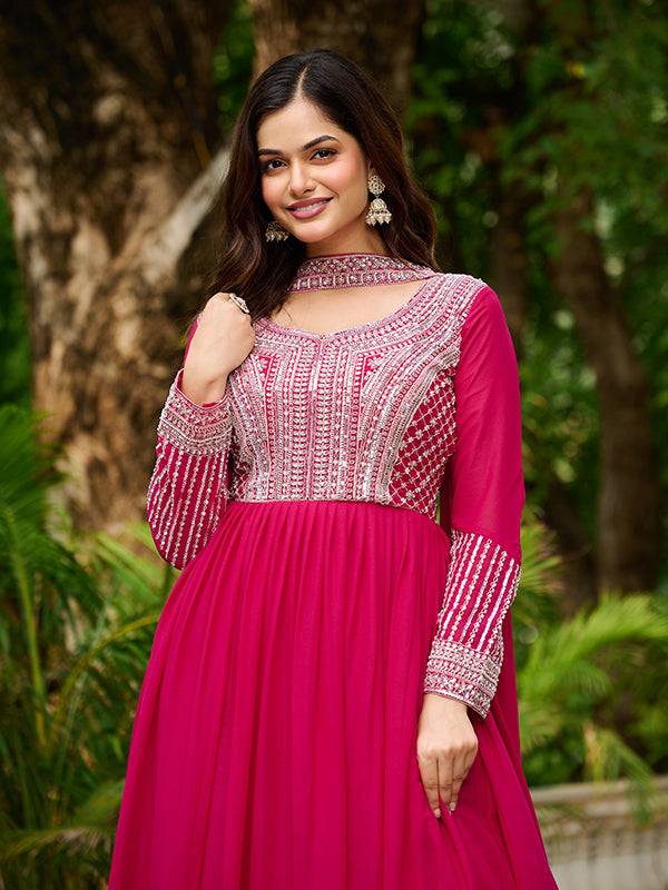 Pink Georgette Beads Sequins Embroidered Gown With Dupatta