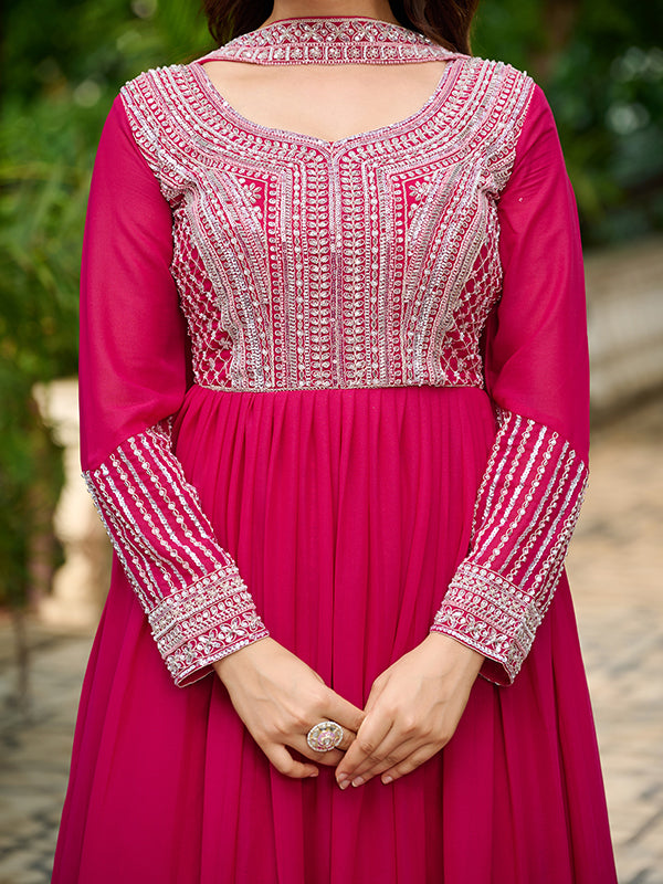 Pink Georgette Beads Sequins Embroidered Gown With Dupatta