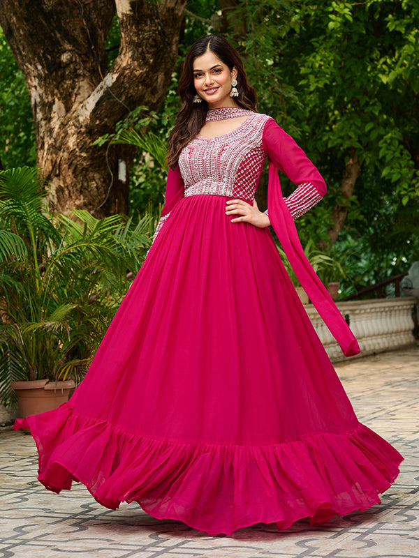 Pink Georgette Beads Sequins Embroidered Gown With Dupatta