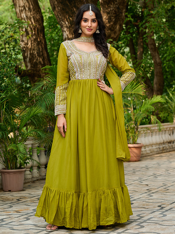 Parrot Green Georgette Beads Sequins Embroidered Gown With Dupatta