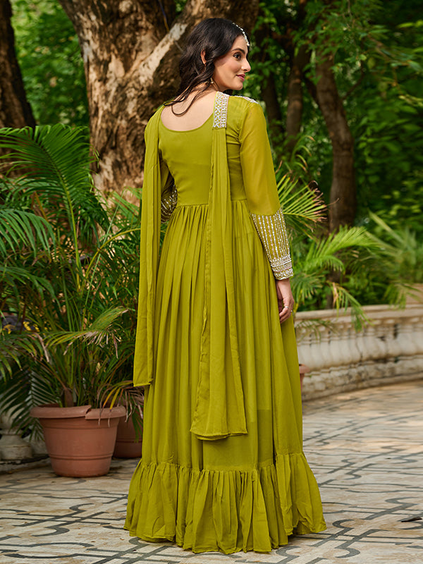 Parrot Green Georgette Beads Sequins Embroidered Gown With Dupatta