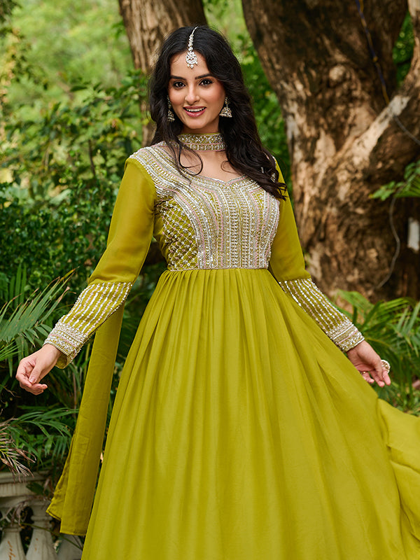 Parrot Green Georgette Beads Sequins Embroidered Gown With Dupatta