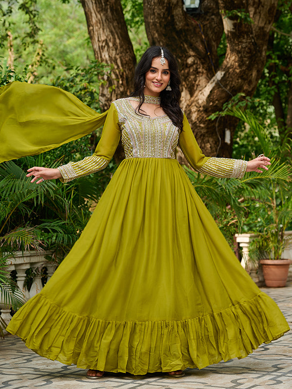 Parrot Green Georgette Beads Sequins Embroidered Gown With Dupatta