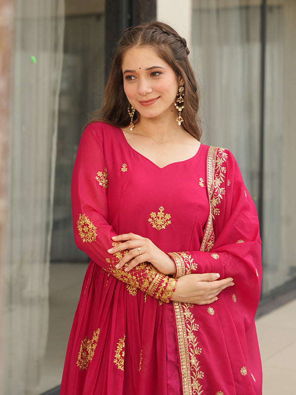 Pink Georgette Embroidered Kurta With Dupatta