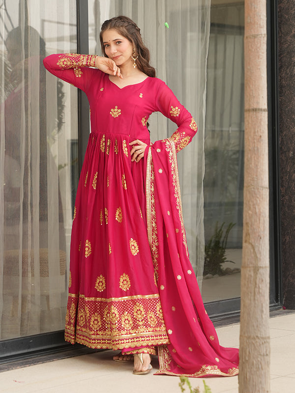 Pink Georgette Embroidered Kurta With Dupatta