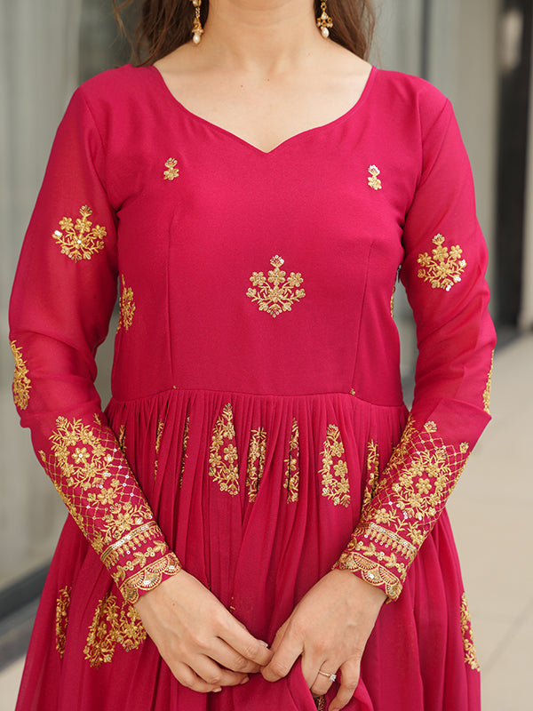 Pink Georgette Embroidered Kurta With Dupatta