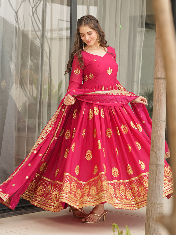 Pink Georgette Embroidered Kurta With Dupatta