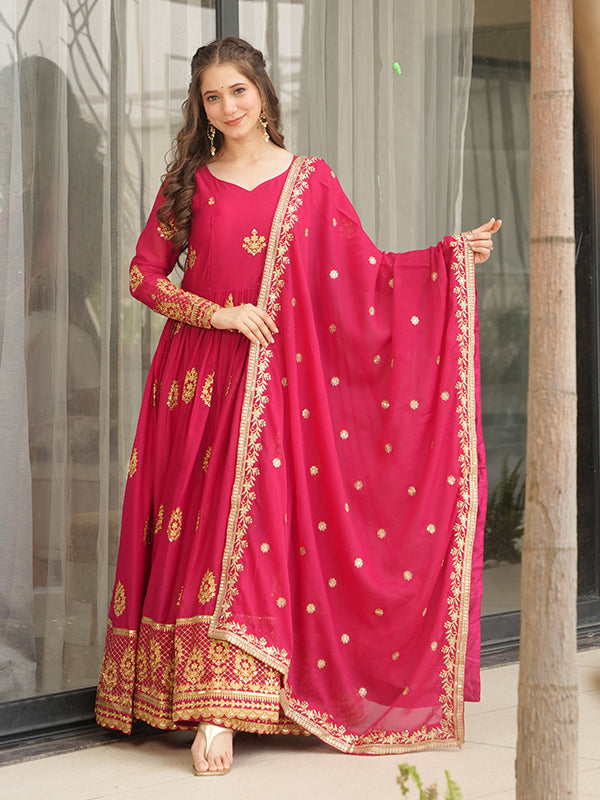 Pink Georgette Embroidered Kurta With Dupatta