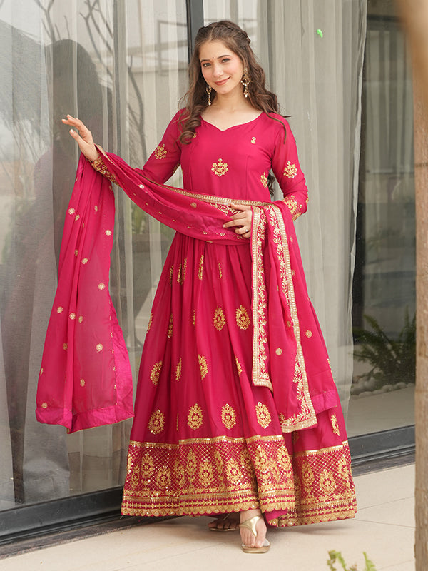 Pink Georgette Embroidered Kurta With Dupatta