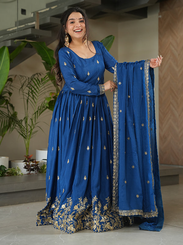 Blue Embroidery Sequins Work Chinnon Gown With Dupatta