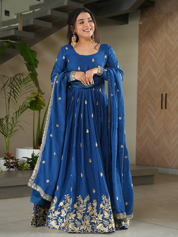 Blue Embroidery Sequins Work Chinnon Gown With Dupatta