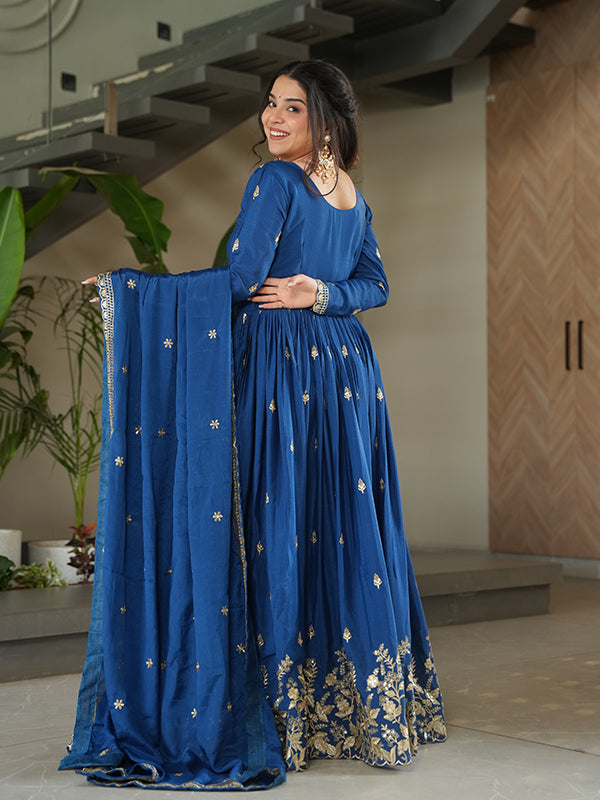 Blue Embroidery Sequins Work Chinnon Gown With Dupatta