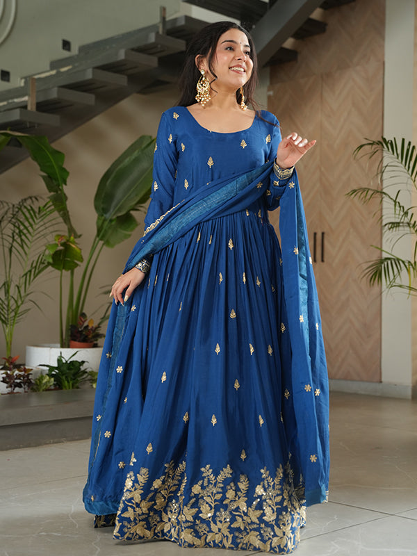 Blue Embroidery Sequins Work Chinnon Gown With Dupatta