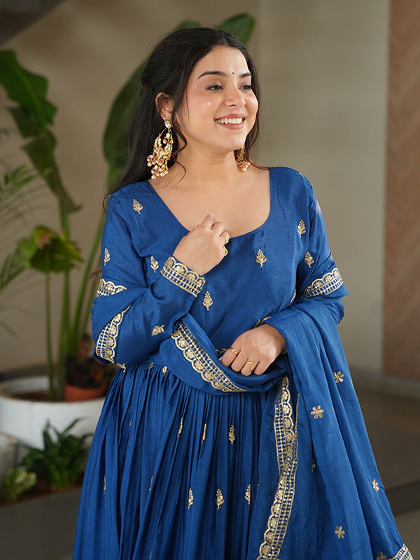 Blue Embroidery Sequins Work Chinnon Gown With Dupatta