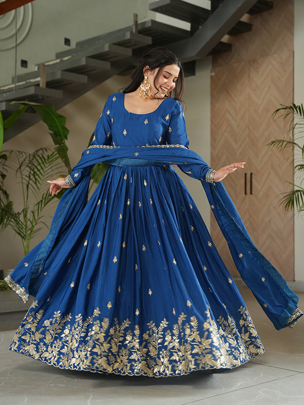 Blue Embroidery Sequins Work Chinnon Gown With Dupatta